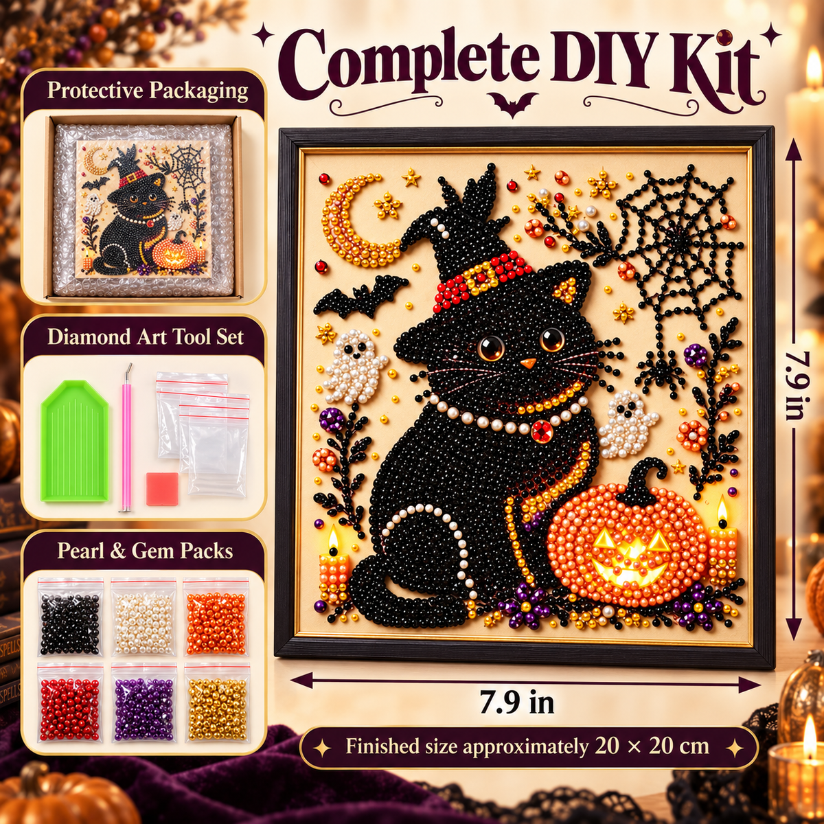 Fancy Black Cat Halloween pearl diamond art complete DIY kit with protective packaging, tool set, pearl gem packs, and 7.9 inch dimensions