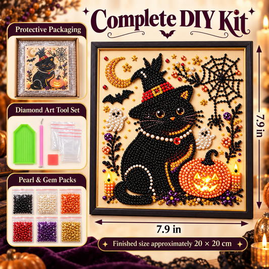 Fancy Black Cat Halloween pearl diamond art complete DIY kit with protective packaging, tool set, pearl gem packs, and 7.9 inch dimensions