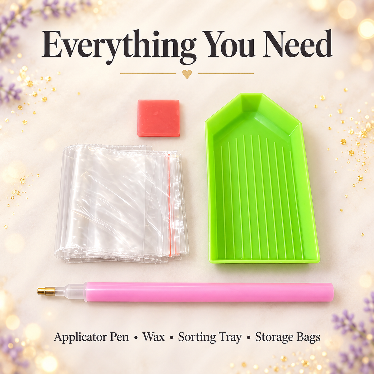 Included tools for White Pearl Pumpkin diamond art kit: applicator pen, wax, sorting tray, and storage bags