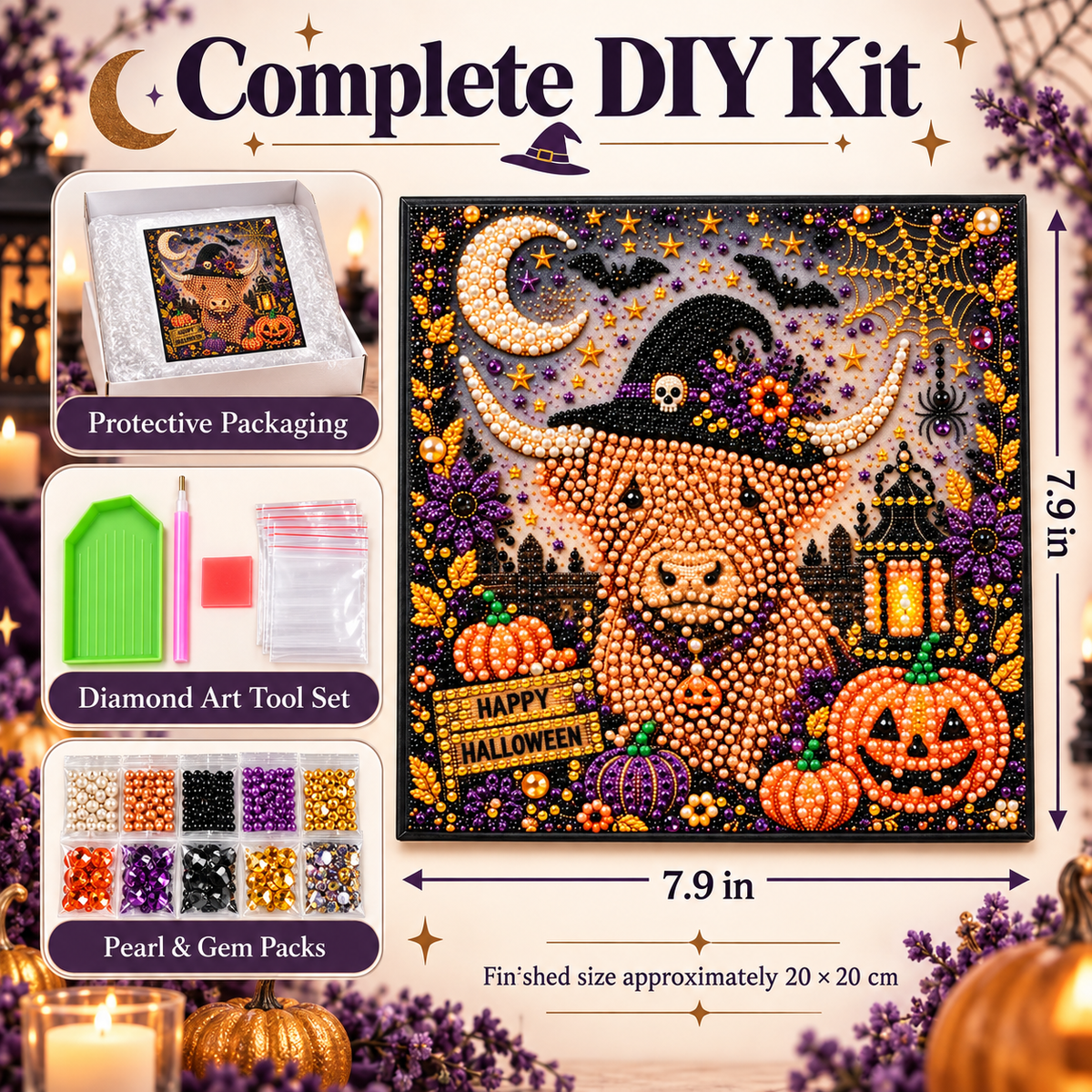 Witchy Highland Cow pearl diamond art complete DIY kit with tools, pearl gems, protective packaging, and 7.9 inch dimensions