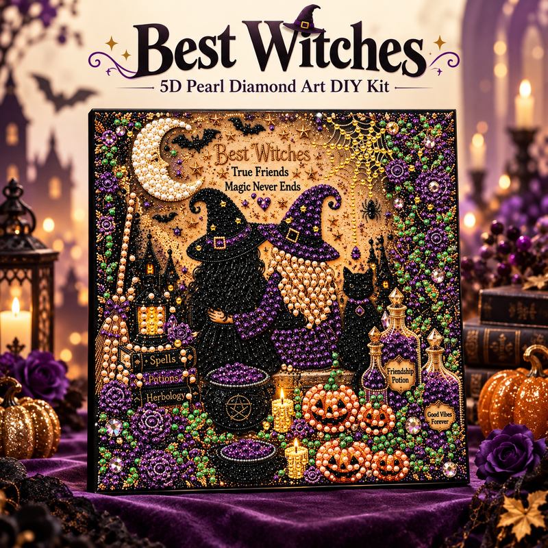 Best Witches 5D Pearl Diamond Art DIY Kit in purple, black, green, orange, and gold