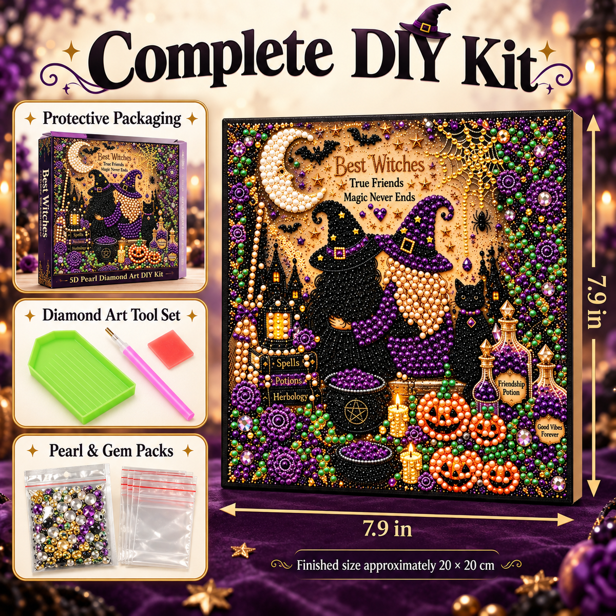 Best Witches 5D Pearl Diamond Art complete DIY kit with packaging, tools, pearl packs, and finished size
