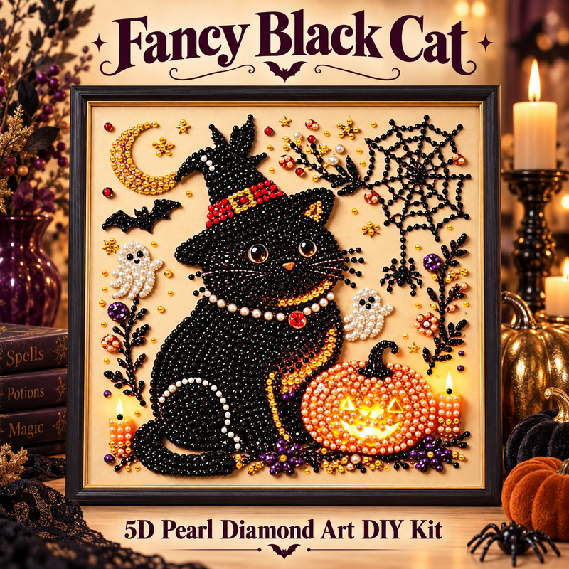 Fancy Black Cat Halloween 5D pearl diamond art DIY kit with witch hat, ghosts, spiderweb, moon, and glowing pumpkin