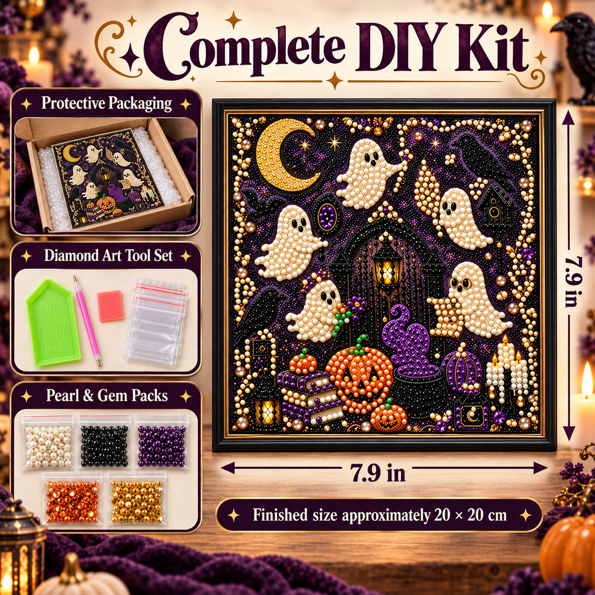Ghosties Halloween pearl diamond art complete DIY kit with protective packaging, tool set, pearl gem packs, and 7.9 inch dimensions