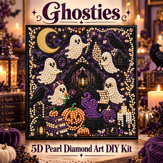 Ghosties Halloween 5D pearl diamond art DIY kit with pearl ghosts, moon, ravens, pumpkins, and purple witch decor