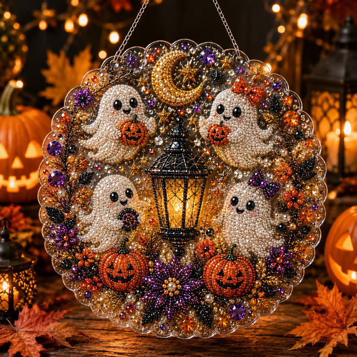 Halloween ghost acrylic pearl art hanging decoration with pumpkins, moon, lantern, and sparkling gems