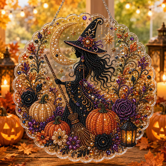 Halloween witch acrylic pearl art hanging decoration with pumpkins, crescent moon, flowers, and lantern