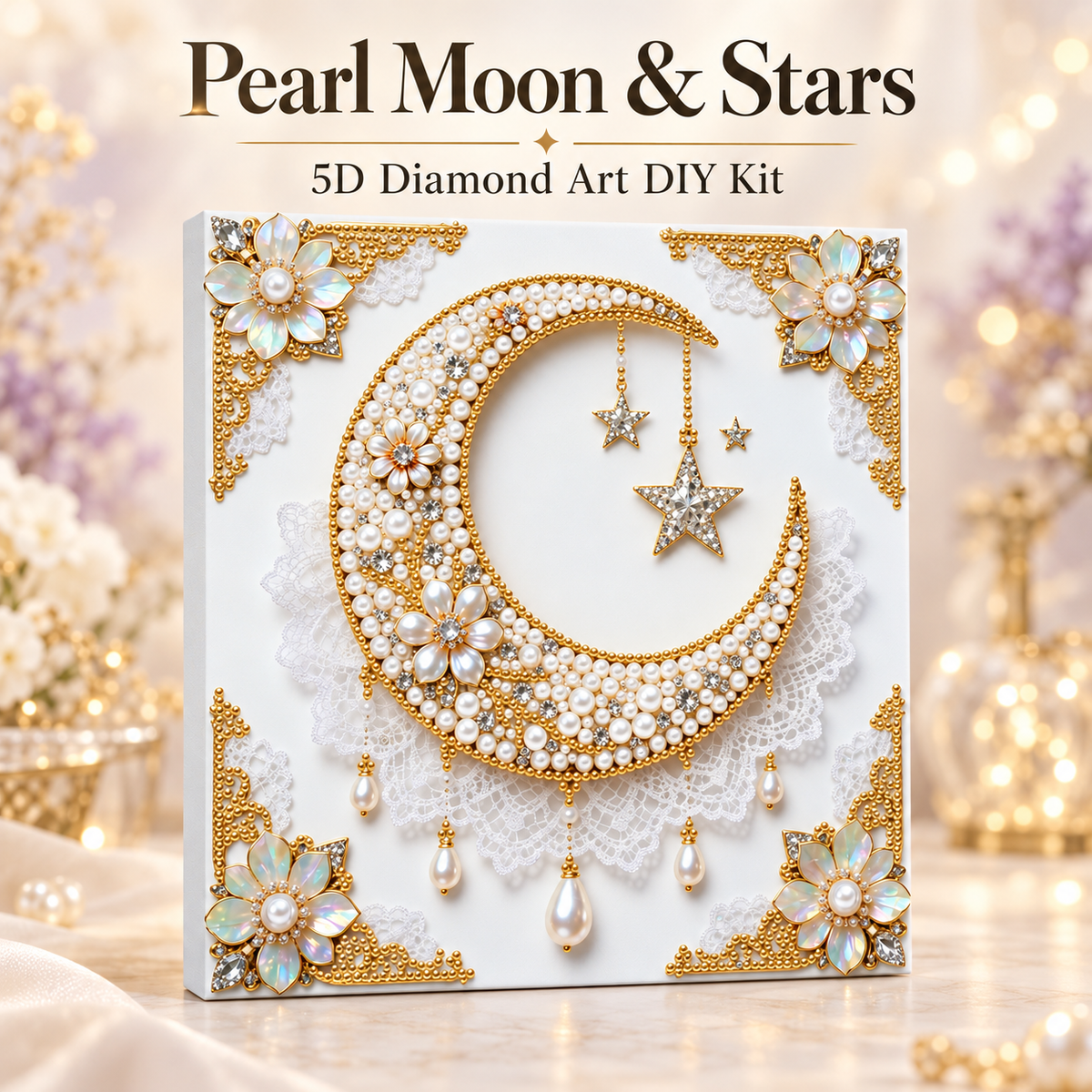 Pearl Moon and Stars 5D Diamond Art DIY Kit on an elegant cream, lavender, and gold background