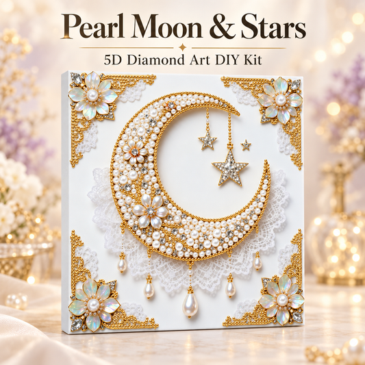 Pearl Moon and Stars 5D Diamond Art DIY Kit on an elegant cream, lavender, and gold background