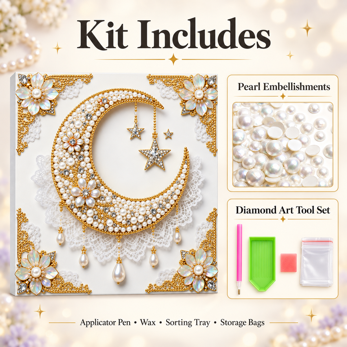 Pearl Moon and Stars 5D Diamond Art kit contents with pearl embellishments and tool set