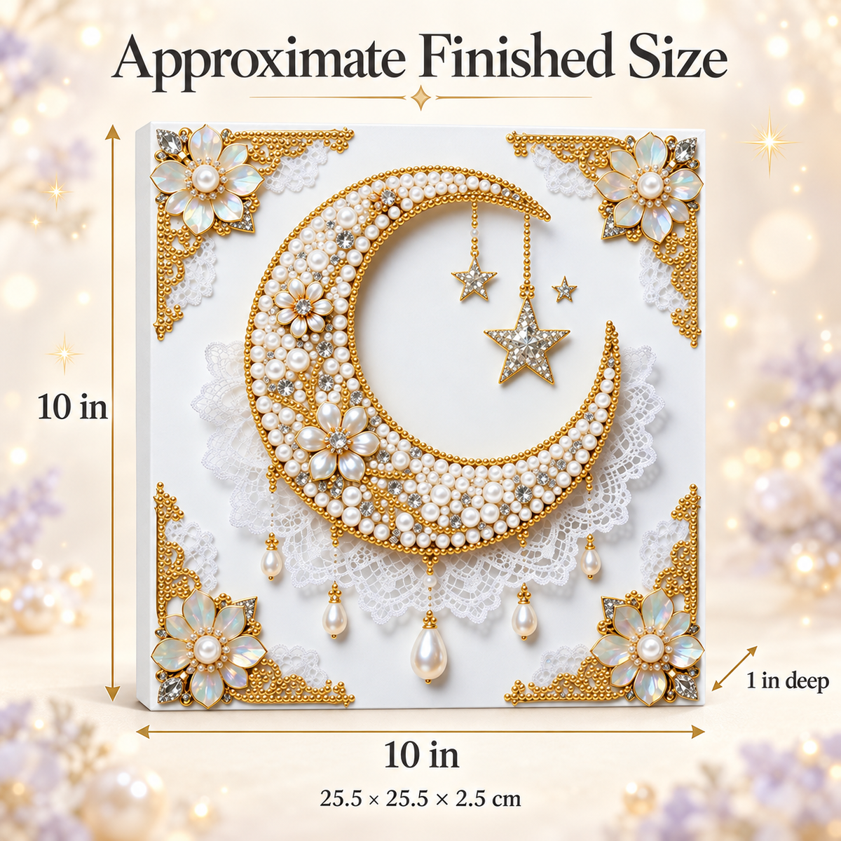 Pearl Moon and Stars 5D Diamond Art approximate finished size: 10 by 10 by 1 inches