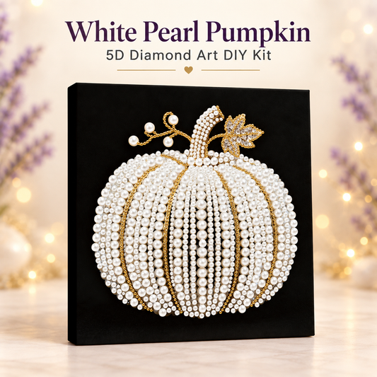White Pearl Pumpkin 5D Diamond Art DIY Kit on an elegant cream, lavender, and gold background