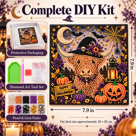 Witchy Highland Cow pearl diamond art complete DIY kit with tools, pearl gems, protective packaging, and 7.9 inch dimensions