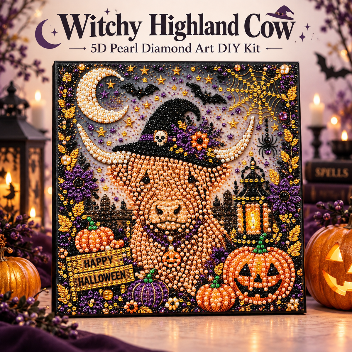 Witchy Highland Cow Halloween 5D Pearl Diamond Art DIY Kit in orange, black, purple, green, pearl, and gold